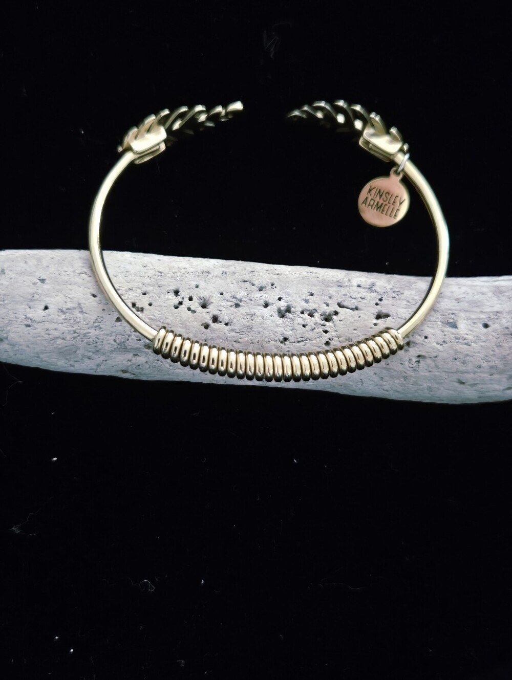 Kinsley Armelle Gold Leaf Open Cuff Bracelet with Branded Charm - Picture 2 of 8